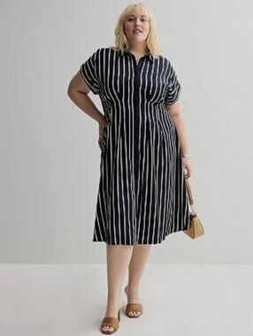 TERRA & SKY PLUS SIZE Cinched Waist Midi Blue & White Striped Dress W/ Pockets